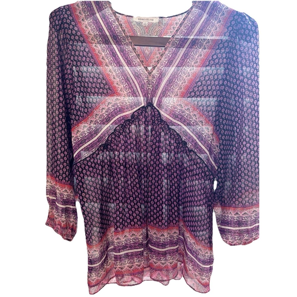 Rose + Olive Medium  Floral Print Sheer Metallic Shirred V-Neck Tunic Boho Top